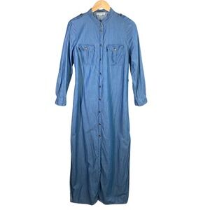 Michael Kors Chambray Denim Shirt Dress Maxi Button Front Large Long Sleeve
